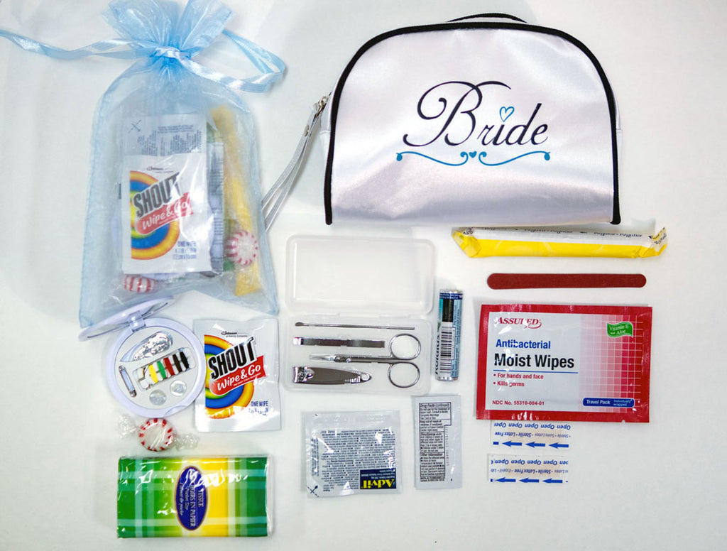 Wedding Survival Kit Bridal Emergency Kit in White Satin Bride Travel Bag